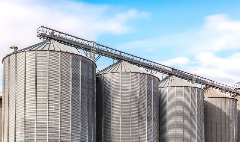 Ряд високих металевих сільськогосподарських силосів на фоні яскравого блакитного неба